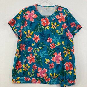 Lands' End size XL Blue Red Floral Crew Neck Tie Hem Stretch Top Vacation